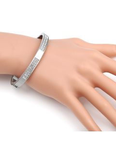 Sophisticated Silver Tone Hinged Bangle Bracelet with Brushed Finish and Sparkling Crystals