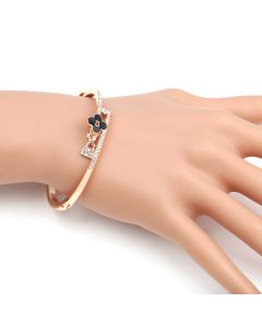 Trendsetting Rose Gold Tone Hinged Bangle Bracelet with Clover Design and Sparkling Crystals