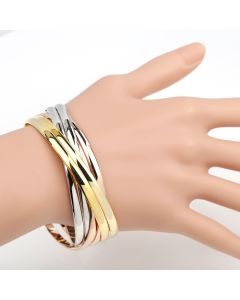 Contemporary 6-Strand Tri-Color (Rose/Silver/Gold Tone) Interlocking Bangle Bracelet