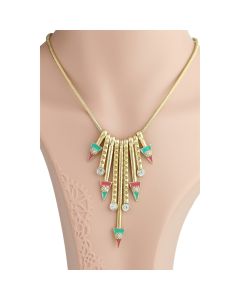 Striking Gold Tone Necklace with Colorful Enamel Inlay & Sparkling Crystals (Gold Enamel)