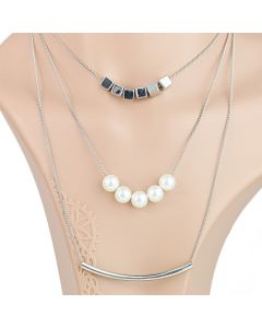 Unique Multi-Strand Silver Tone Necklace with Faux Pearls (Silver/Pearls)