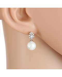 Classic Silver Tone Faux Pearl Earrings with Sparkling Crystals (Classic 1)