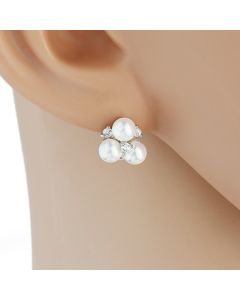Delicate Silver Tone Faux Pearl Designer Earrings with Sparkling Crystals (Pearl Trio)