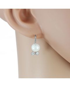 Delicate Silver Tone Faux Pearl Designer Earrings with Sparkling Crystals (Delicate 1)