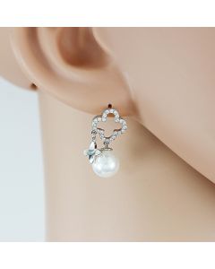 Delicate Silver Tone Faux Pearl Designer Earrings with Sparkling Sparkling Crystal Clover (Clover)