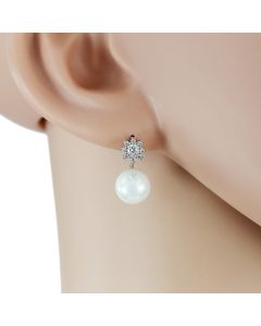Classic Silver Tone Faux Pearl Designer Earrings with Sparkling Ctrystals (Simple & Elegant 1)