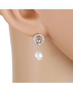 Sleek Silver Tone Faux Pearl Designer Earrings with Embedded Sparkling Crystals (Contemporary 1)