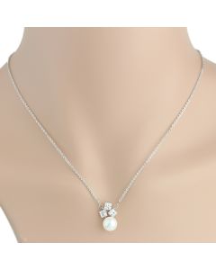 Sophisticated Silver Tone Designer Necklace with a Faux White Princess Cut Sapphire & Pearl Combination (Pearl 3)