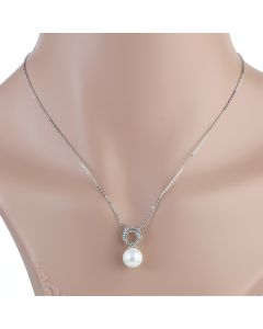 Stylish Silver Tone Designer Necklace with Faux Pearl and Embedded Sparkling Crystals (Pearl 8)