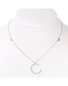 Contemporary Silver (White Gold) Tone Designer Moon And Stars Necklace with Sparkling Crystals (Silver Crescent Moon)