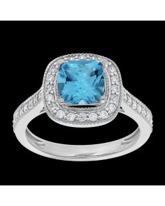 Designer Cushion Cut Swiss Blue Topaz & Diamond Dual Halo Ring