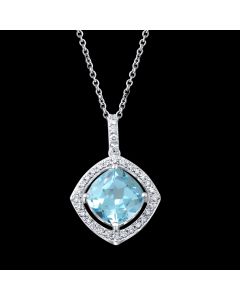 Designer Swiss Blue Topaz & Diamond Halo Pendant Necklace