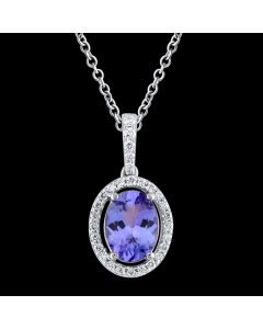 Designer Tanzanite & Diamond Halo Oval Pendant Necklace